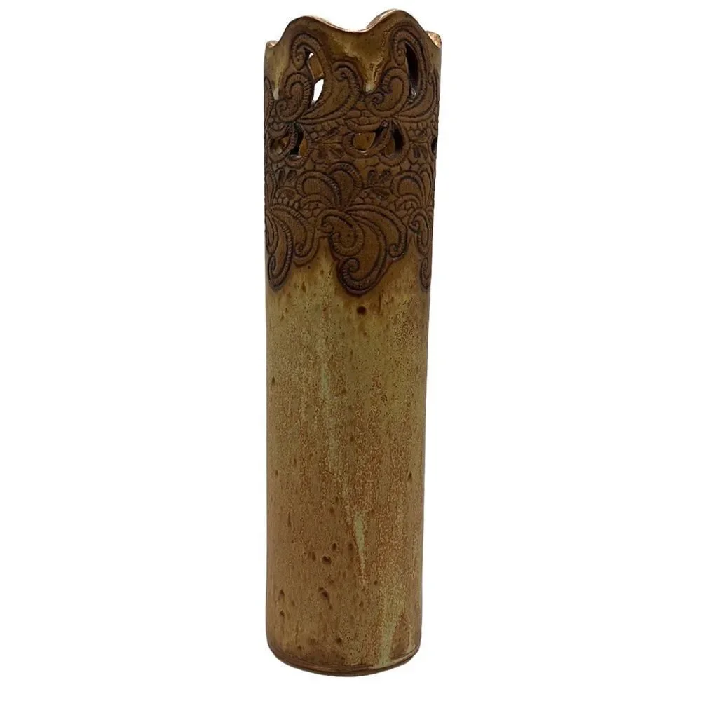 Vase Stoneware Etched Flowers Bohemian Tall 13